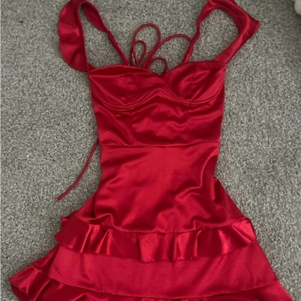 Red Satin Ruffle Mini Dress